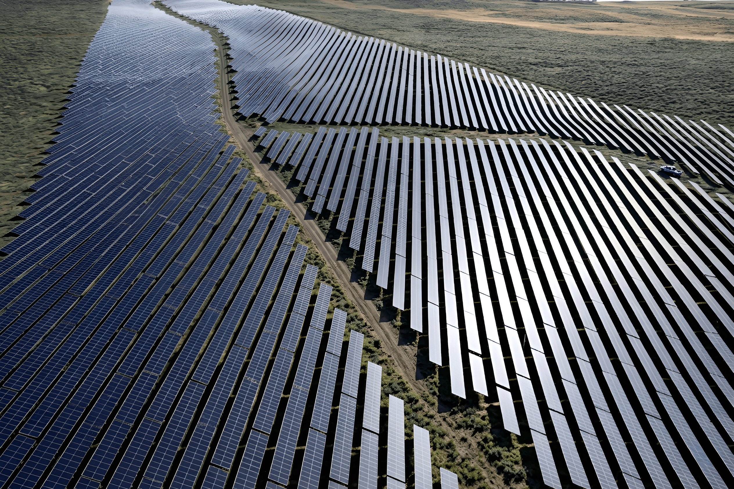 Aerial view of solar rows following hilly terrain at Samrang, with orientation reference.