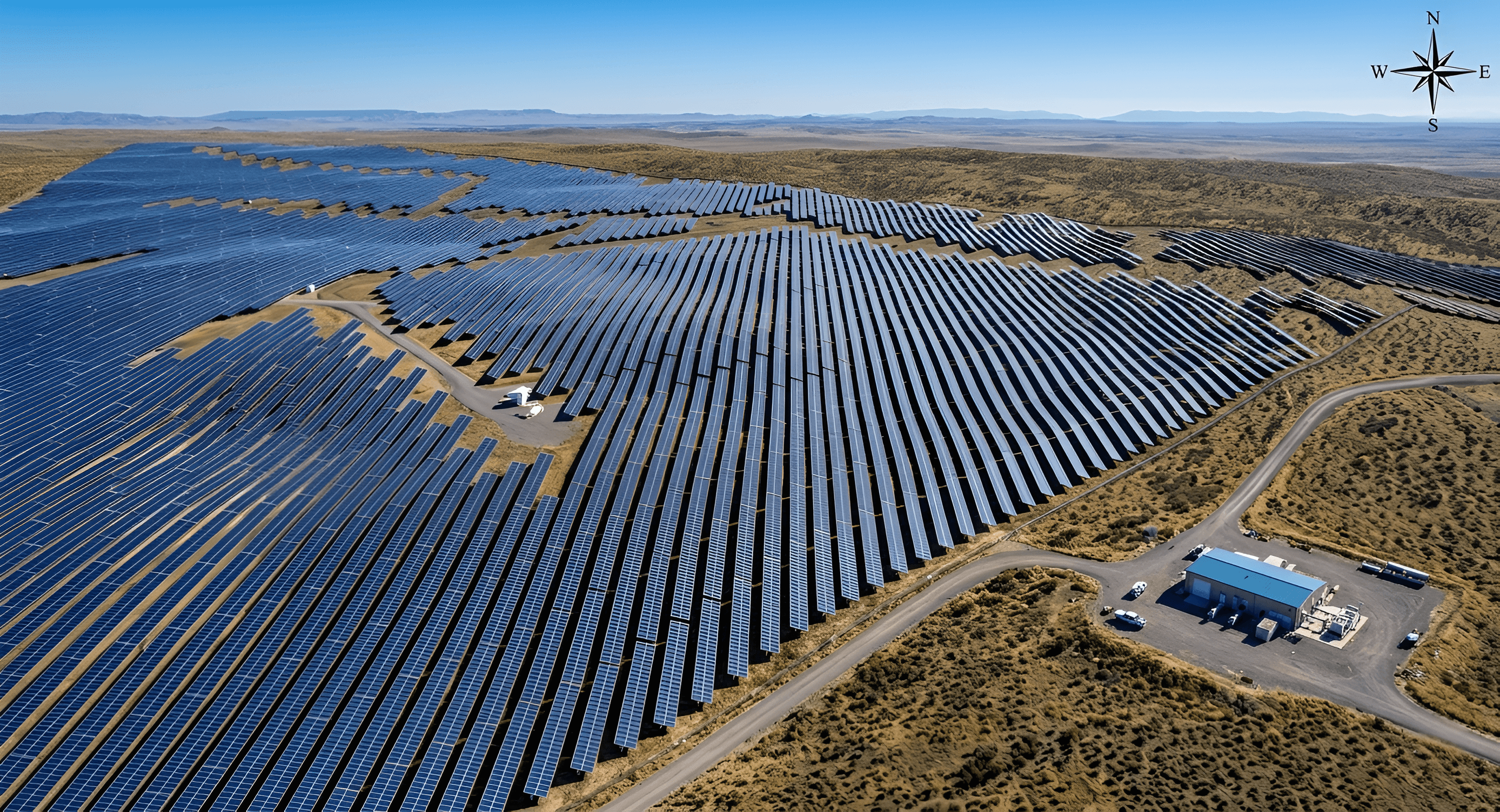 Wide aerial view of extensive solar panel rows across rolling hills at Samrang.